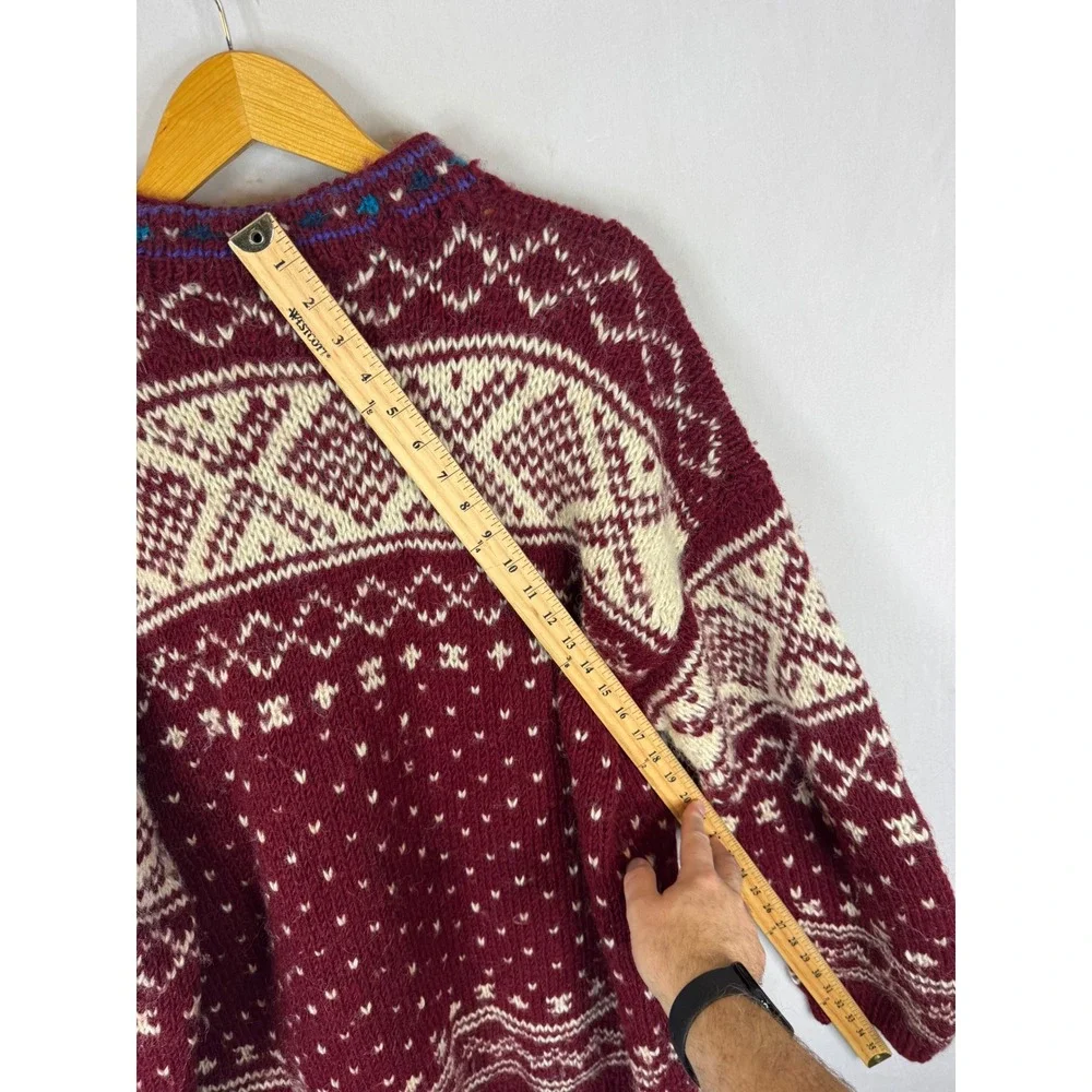 Handmade Wool Fair Isle Nordic Henley Sweater Burgundy Cream XL